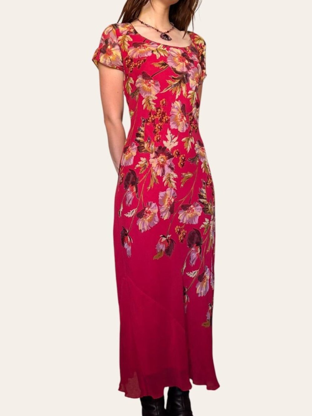 90s vintage Paradise New York hot pink sequin beaded floral chiffon fairy dress - Picture 3 of 8